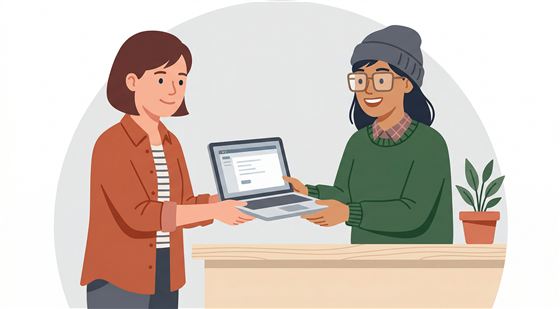 Illustration of a customer bringing their laptop in for repair