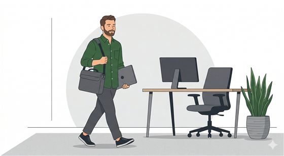 Illustration of an IT technician arriving at a business office